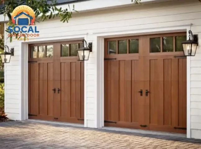 Two wood carriage-style garage doors with window tops and lantern lights